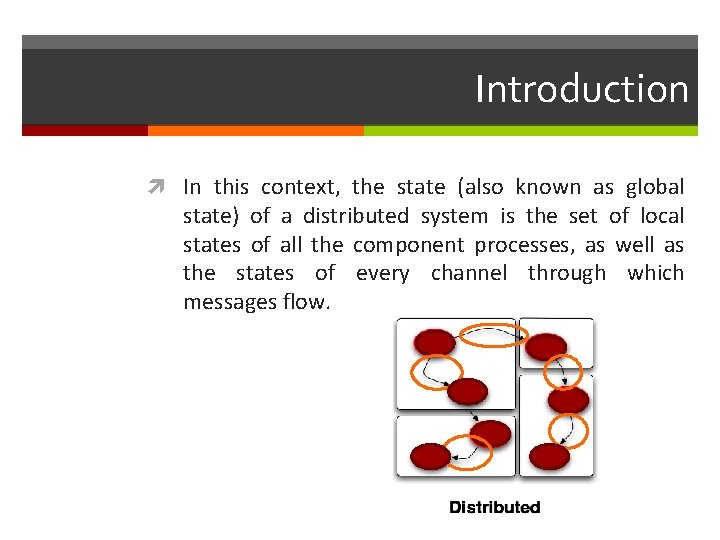 Introduction In this context, the state (also known as global state) of a distributed