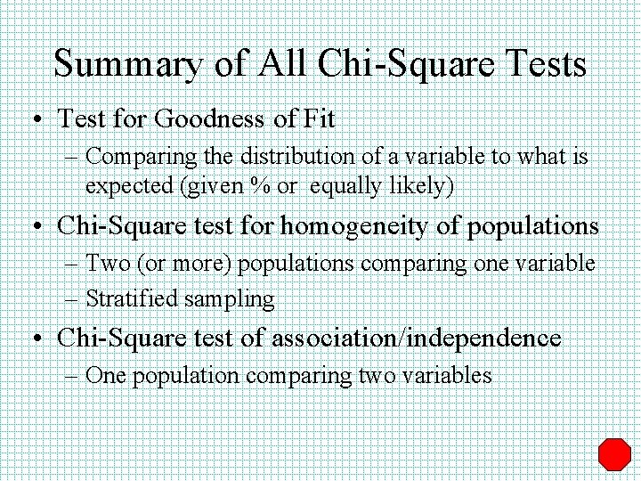 Summary of All Chi-Square Tests • Test for Goodness of Fit – Comparing the