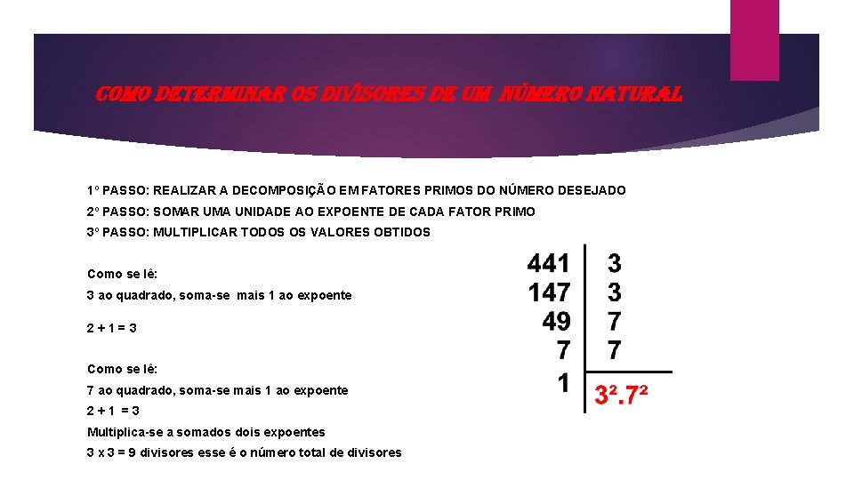 Como determinar os divisores de um número natural 1º PASSO: REALIZAR A DECOMPOSIÇÃO EM