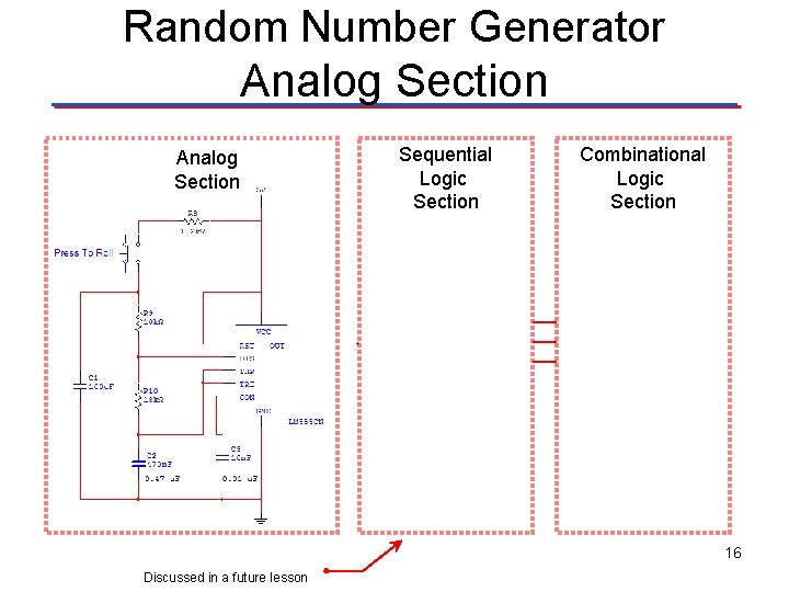 Random Number Generator Analog Section Sequential Logic Section Combinational Logic Section 16 Discussed in