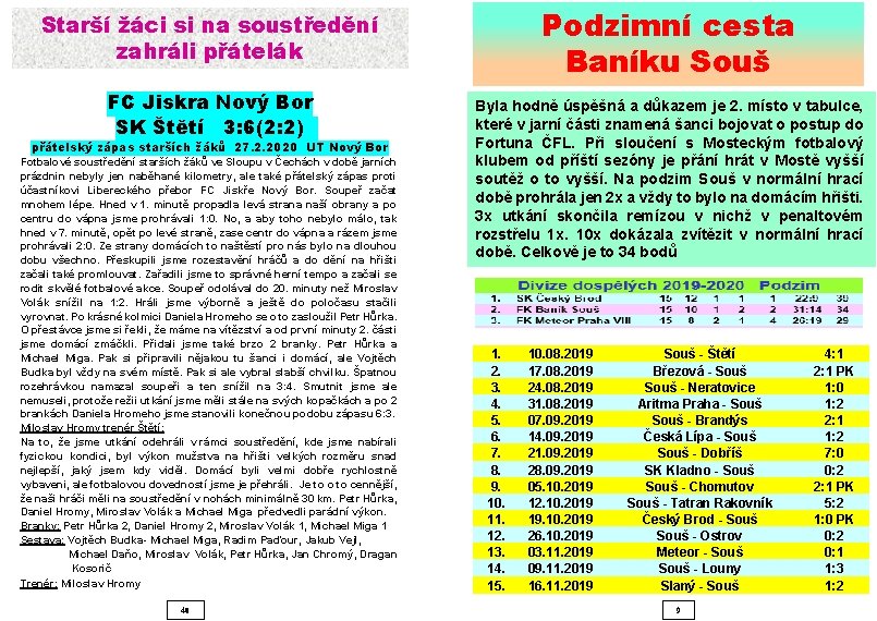 Podzimní cesta Baníku Souš Starší žáci si na soustředění zahráli přátelák FC Jiskra Nový