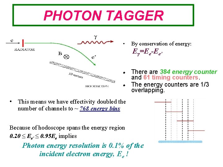 PHOTON TAGGER • By conservation of energy: Eγ=Ee-Ee’ There are 384 energy counter and