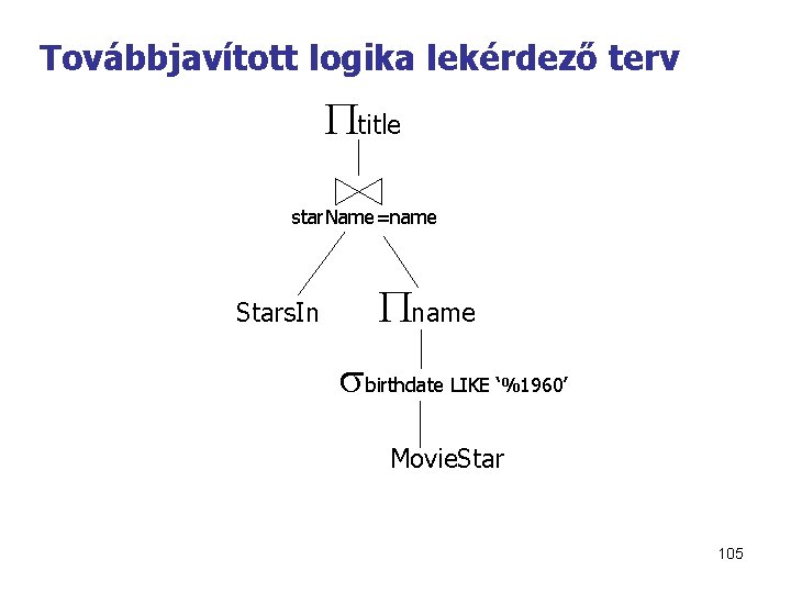 Továbbjavított logika lekérdező terv title star. Name=name Stars. In name birthdate LIKE ‘%1960’ Movie.