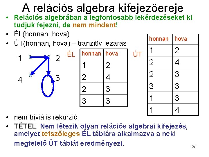 A relációs algebra kifejezőereje • Relációs algebrában a legfontosabb lekérdezéseket ki tudjuk fejezni, de