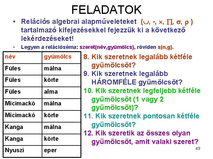 FELADATOK • Relációs algebrai alapműveleteket ( , -, , ) tartalmazó kifejezésekkel fejezzük ki