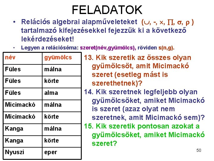 FELADATOK • Relációs algebrai alapműveleteket ( , -, , ) tartalmazó kifejezésekkel fejezzük ki