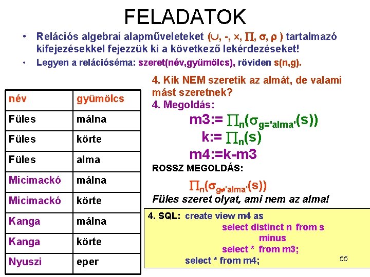 FELADATOK • Relációs algebrai alapműveleteket ( , -, , ) tartalmazó kifejezésekkel fejezzük ki