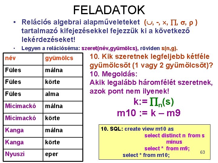 FELADATOK • Relációs algebrai alapműveleteket ( , -, , ) tartalmazó kifejezésekkel fejezzük ki