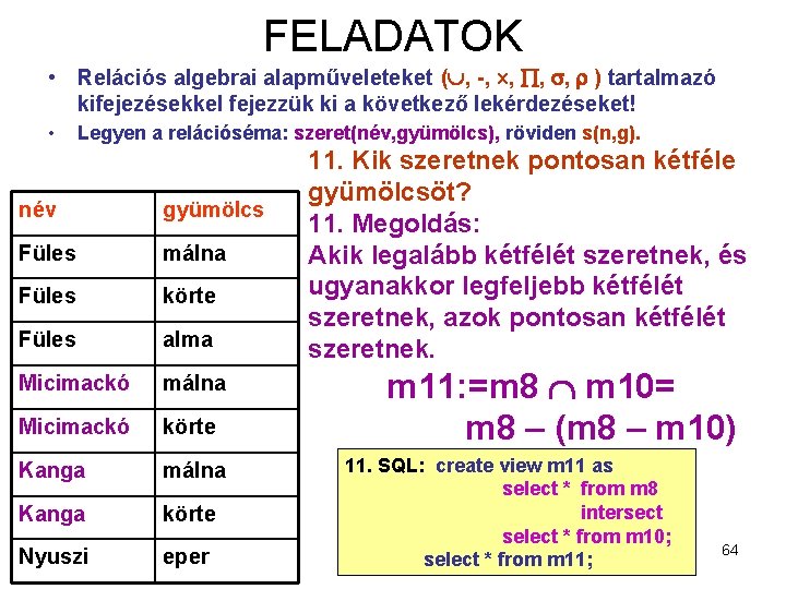 FELADATOK • Relációs algebrai alapműveleteket ( , -, , ) tartalmazó kifejezésekkel fejezzük ki