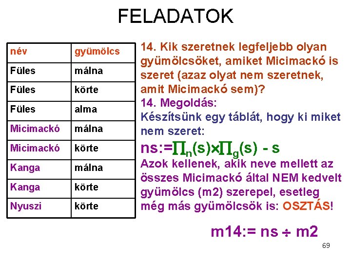 FELADATOK név gyümölcs Füles málna Füles körte Füles alma Micimackó málna Micimackó körte Kanga