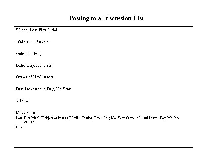 Posting to a Discussion List Writer: Last, First Initial. “Subject of Posting. ” Online