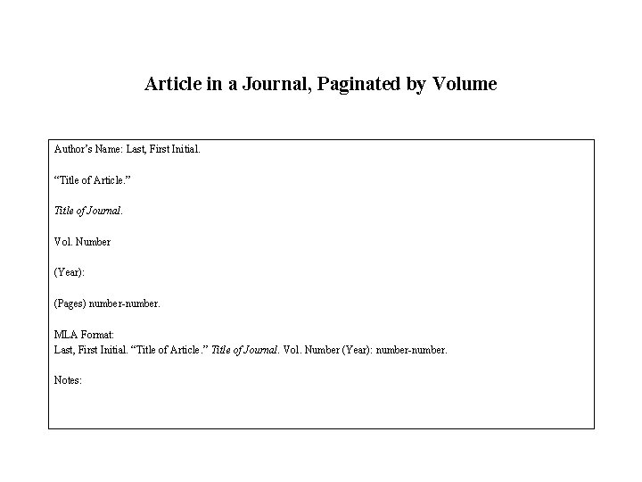 Article in a Journal, Paginated by Volume Author’s Name: Last, First Initial. “Title of