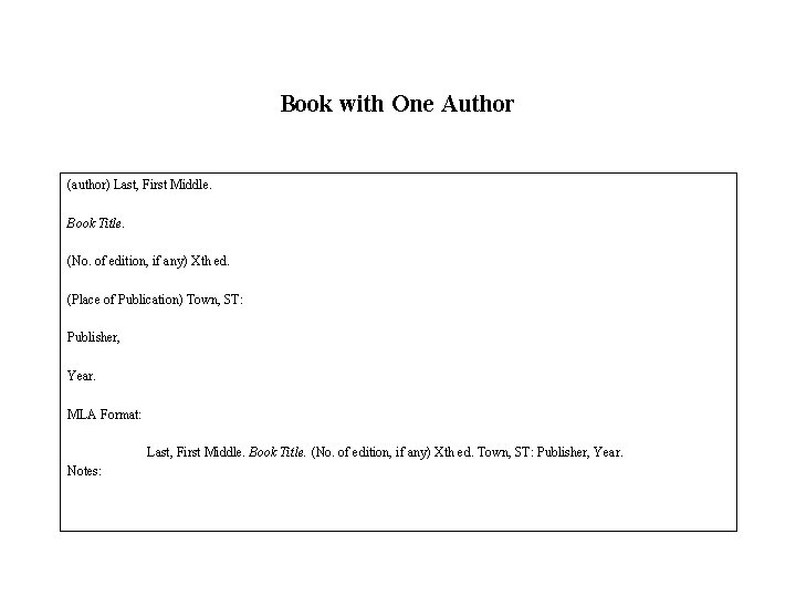 Book with One Author (author) Last, First Middle. Book Title. (No. of edition, if