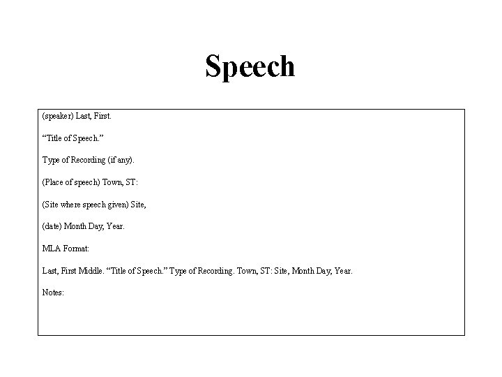 Speech (speaker) Last, First. “Title of Speech. ” Type of Recording (if any). (Place