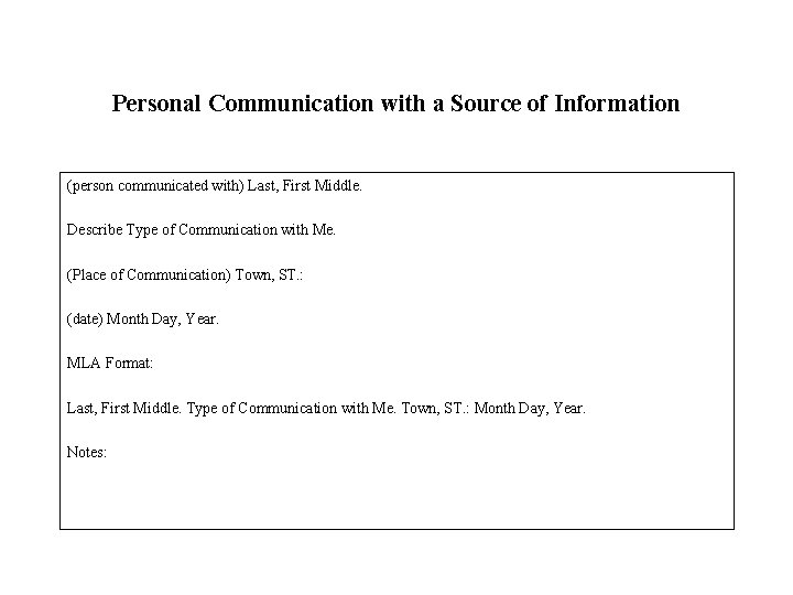 Personal Communication with a Source of Information (person communicated with) Last, First Middle. Describe