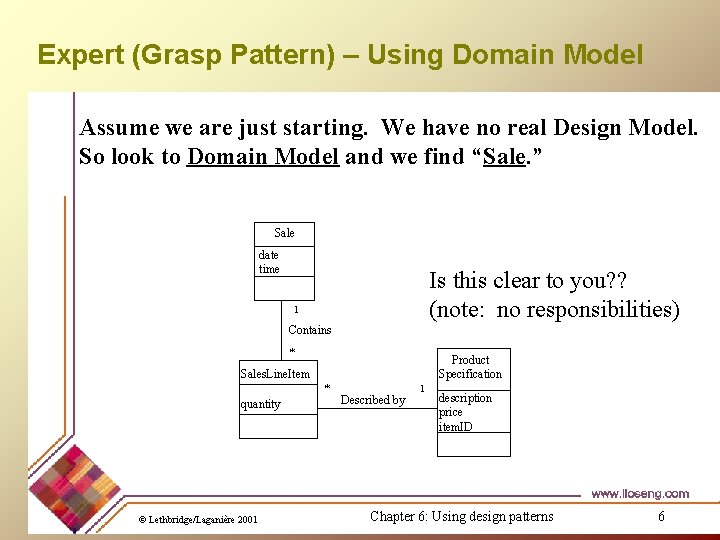Expert (Grasp Pattern) – Using Domain Model Assume we are just starting. We have Expert (Grasp Pattern) – Using Domain Model Assume we are just starting. We have