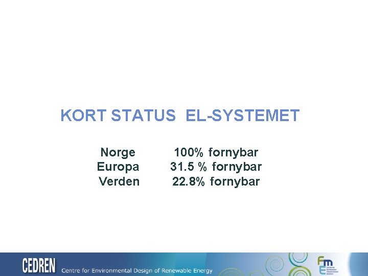 KORT STATUS EL-SYSTEMET Norge Europa Verden 100% fornybar 31. 5 % fornybar 22. 8%