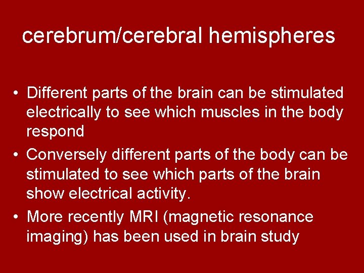 cerebrum/cerebral hemispheres • Different parts of the brain can be stimulated electrically to see