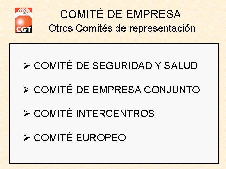 COMITÉ DE EMPRESA Otros Comités de representación Ø COMITÉ DE SEGURIDAD Y SALUD Ø