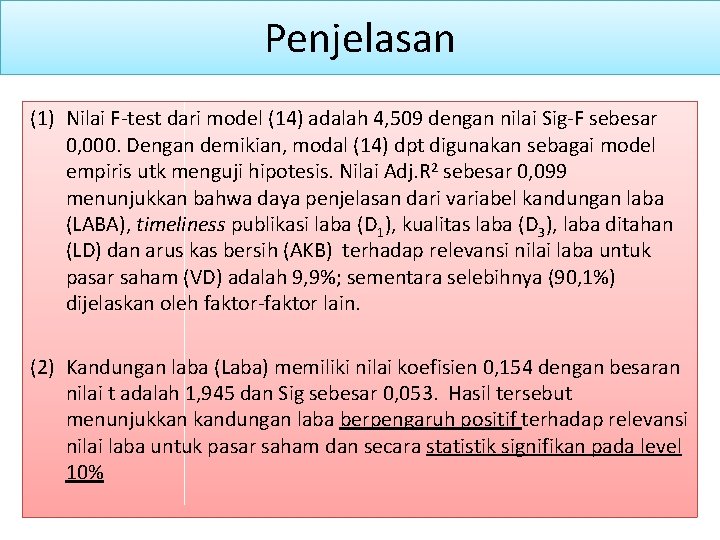 Penjelasan (1) Nilai F-test dari model (14) adalah 4, 509 dengan nilai Sig-F sebesar