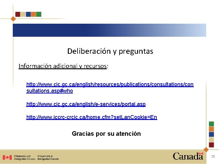 Deliberación y preguntas Información adicional y recursos: http: //www. cic. gc. ca/english/resources/publications/consultations/con sultations. asp#who