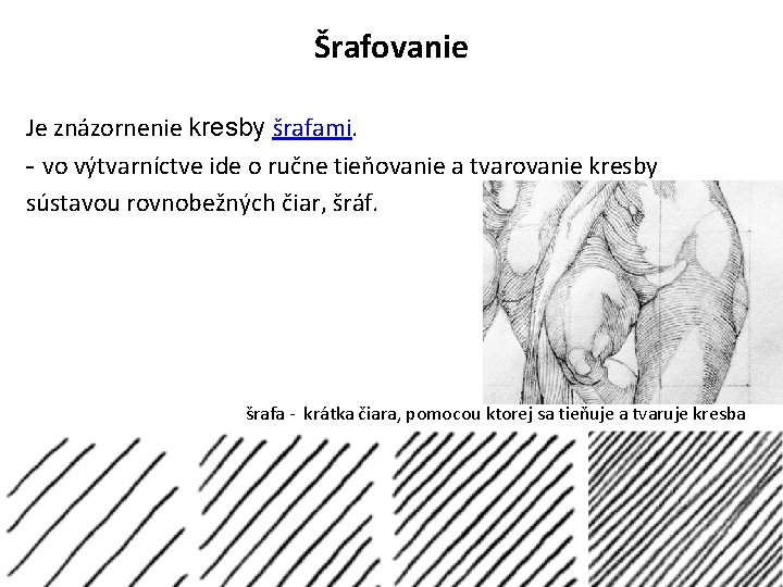 Šrafovanie Je znázornenie kresby šrafami. - vo výtvarníctve ide o ručne tieňovanie a tvarovanie