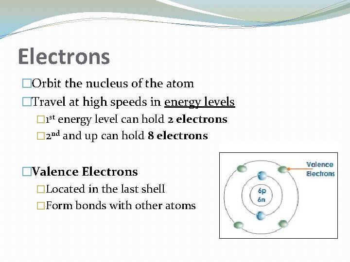 Electrons �Orbit the nucleus of the atom �Travel at high speeds in energy levels