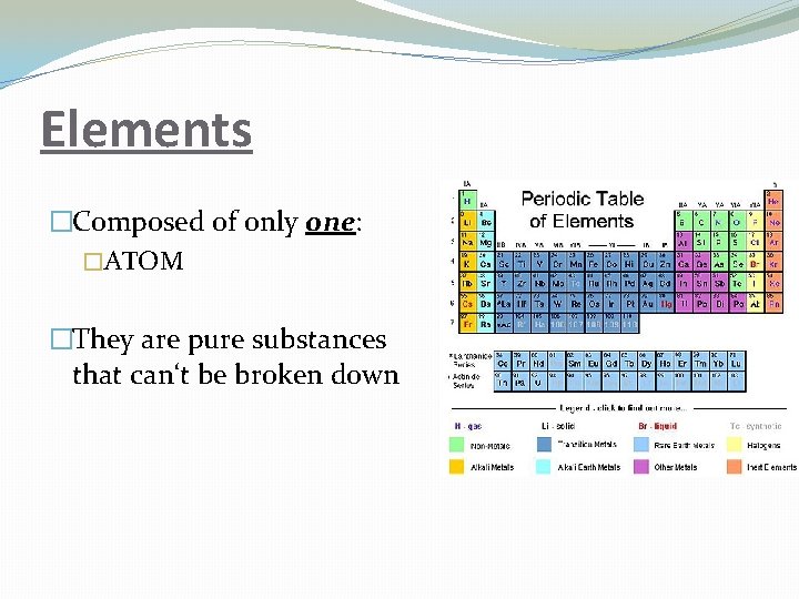 Elements �Composed of only one: �ATOM �They are pure substances that can‘t be broken