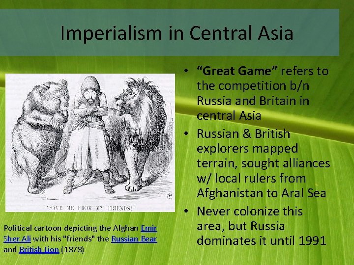 Imperialism in Central Asia Political cartoon depicting the Afghan Emir Sher Ali with his