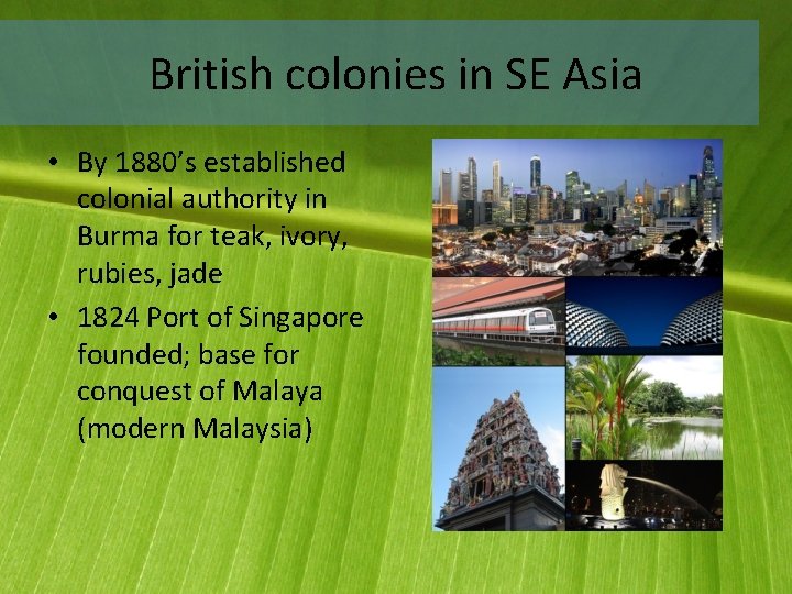 British colonies in SE Asia • By 1880’s established colonial authority in Burma for