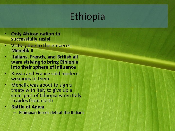 Ethiopia • Only African nation to successfully resist • Victory due to the emperor,