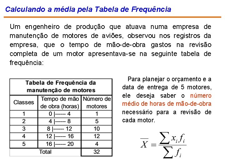 Calculando a média pela Tabela de Frequência Um engenheiro de produção que atuava numa