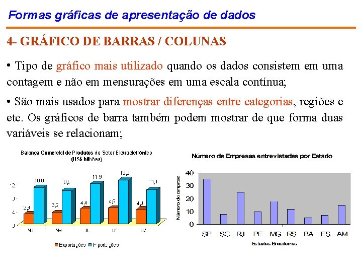 Formas gráficas de apresentação de dados 4 - GRÁFICO DE BARRAS / COLUNAS •