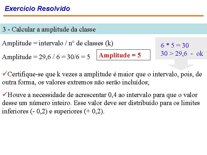 Exercício Resolvido 3 - Calcular a amplitude da classe Amplitude = intervalo / nº