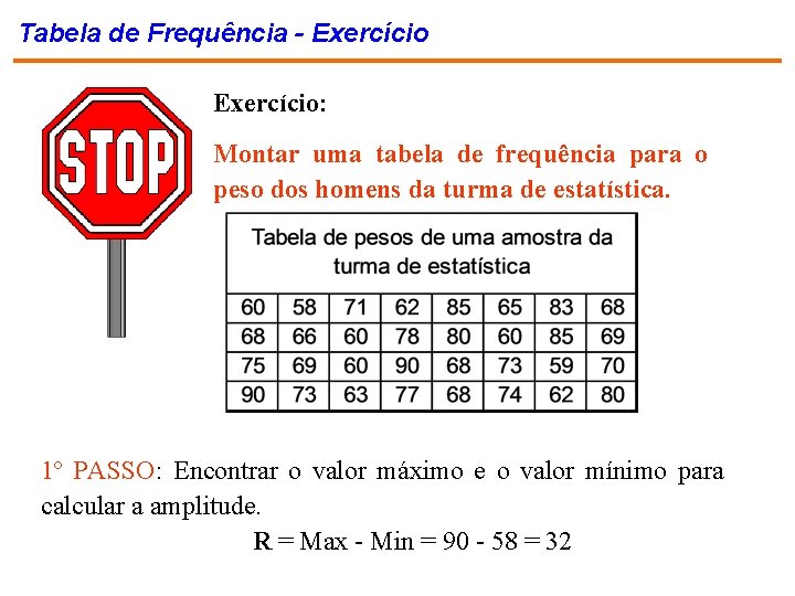 Tabela de Frequência - Exercício: Montar uma tabela de frequência para o peso dos