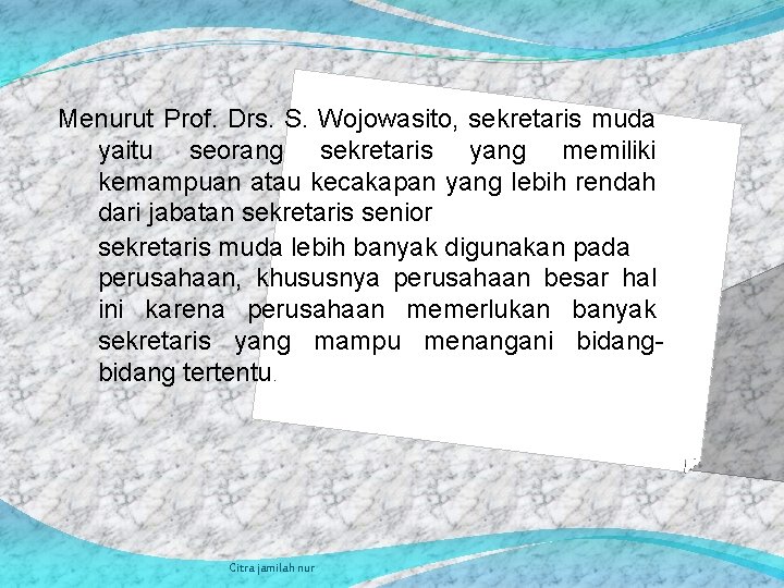 Menurut Prof. Drs. S. Wojowasito, sekretaris muda yaitu seorang sekretaris yang memiliki kemampuan atau