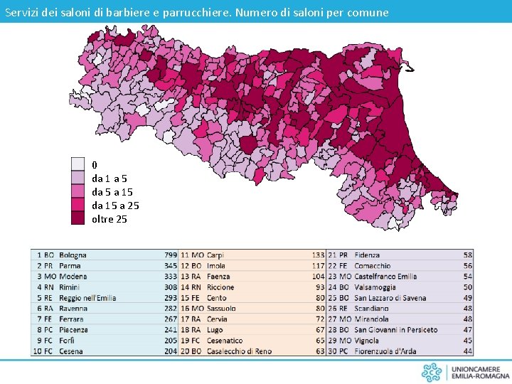 Servizi dei saloni di barbiere e parrucchiere. Numero di saloni per comune 0 da