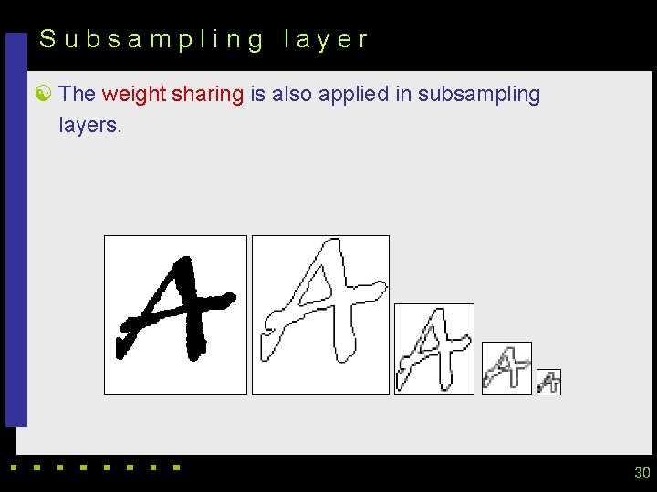 Subsampling layer [ The weight sharing is also applied in subsampling layers. 30 Subsampling layer [ The weight sharing is also applied in subsampling layers. 30