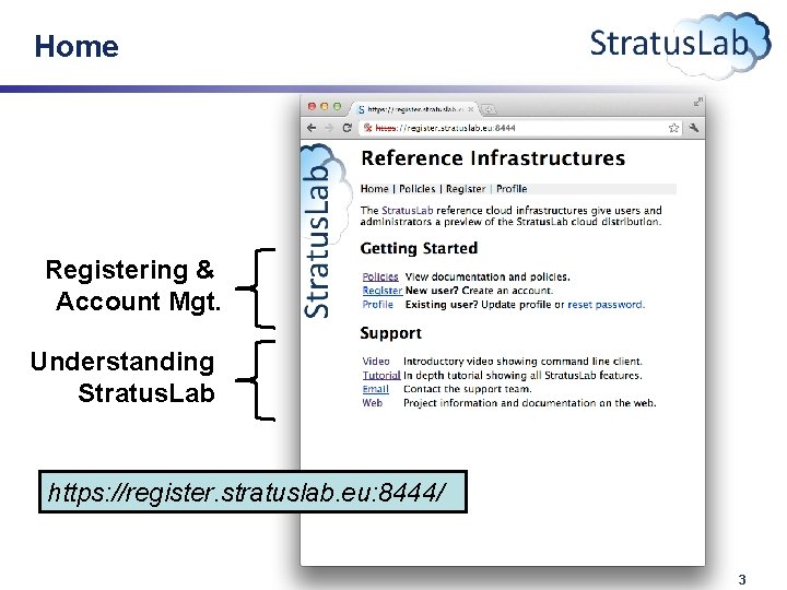 Home Registering & Account Mgt. Understanding Stratus. Lab https: //register. stratuslab. eu: 8444/ 3