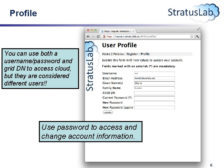 Profile You can use both a username/password and grid DN to access cloud, but