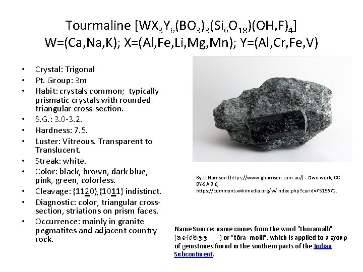Tourmaline [WX 3 Y 6(BO 3)3(Si 6 O 18)(OH, F)4] W=(Ca, Na, K); X=(Al,
