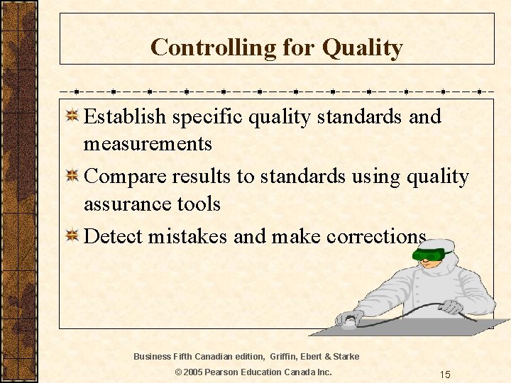 Controlling for Quality Establish specific quality standards and measurements Compare results to standards using