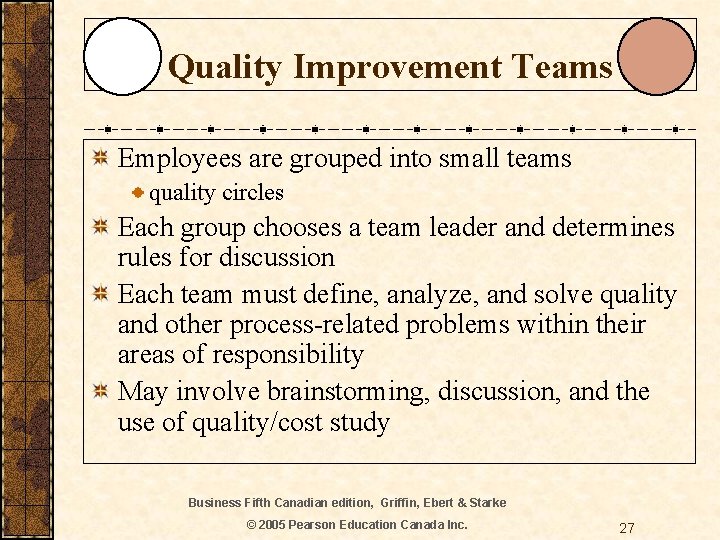 Quality Improvement Teams Employees are grouped into small teams quality circles Each group chooses