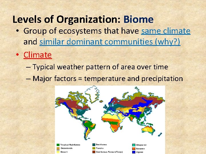 Levels of Organization: Biome • Group of ecosystems that have same climate and similar