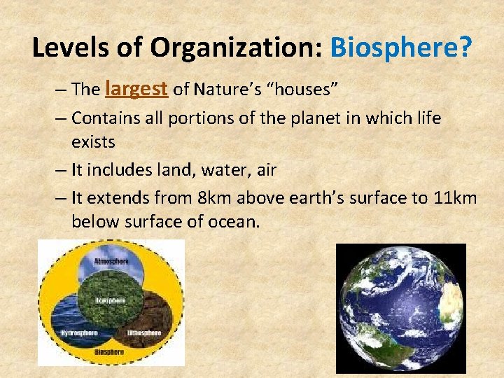 Levels of Organization: Biosphere? – The largest of Nature’s “houses” – Contains all portions