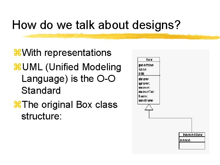 How do we talk about designs? With representations UML (Unified Modeling Language) is the