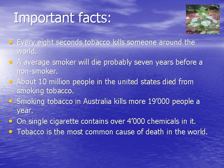 Important facts: • Every eight seconds tobacco kills someone around the • • •