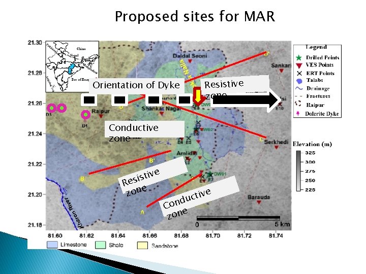 Proposed sites for MAR Orientation of Dyke Resistive zone Conductive zone e tiv s