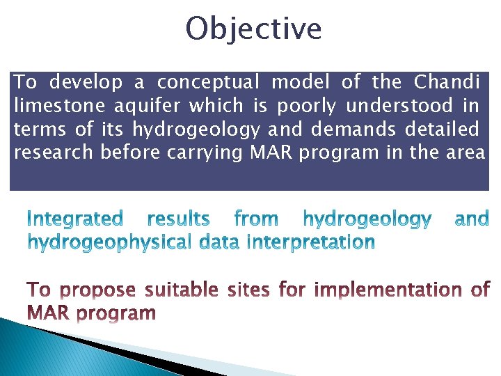 Objective To develop a conceptual model of the Chandi limestone aquifer which is poorly