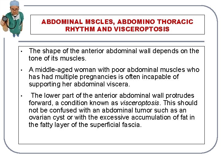 ABDOMINAL MSCLES, ABDOMINO THORACIC RHYTHM AND VISCEROPTOSIS • The shape of the anterior abdominal